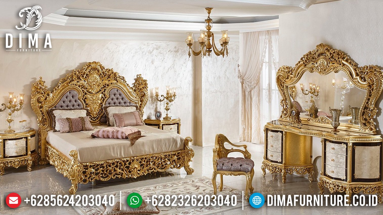 Super Mewah Set Tempat Tidur Jepara Full Ukiran Klasik Mewah Gold Leaf BT-0025 Super Mewah Set Tempat Tidur Jepara Full Ukiran Klasik Mewah Gold Leaf BT-0025