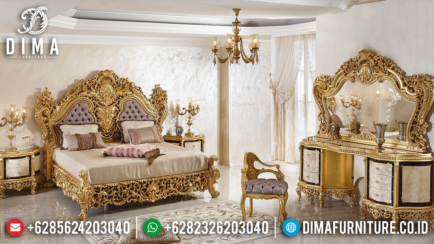 Super Mewah Set Tempat Tidur Jepara Full Ukiran Klasik Mewah Gold Leaf BT-0025