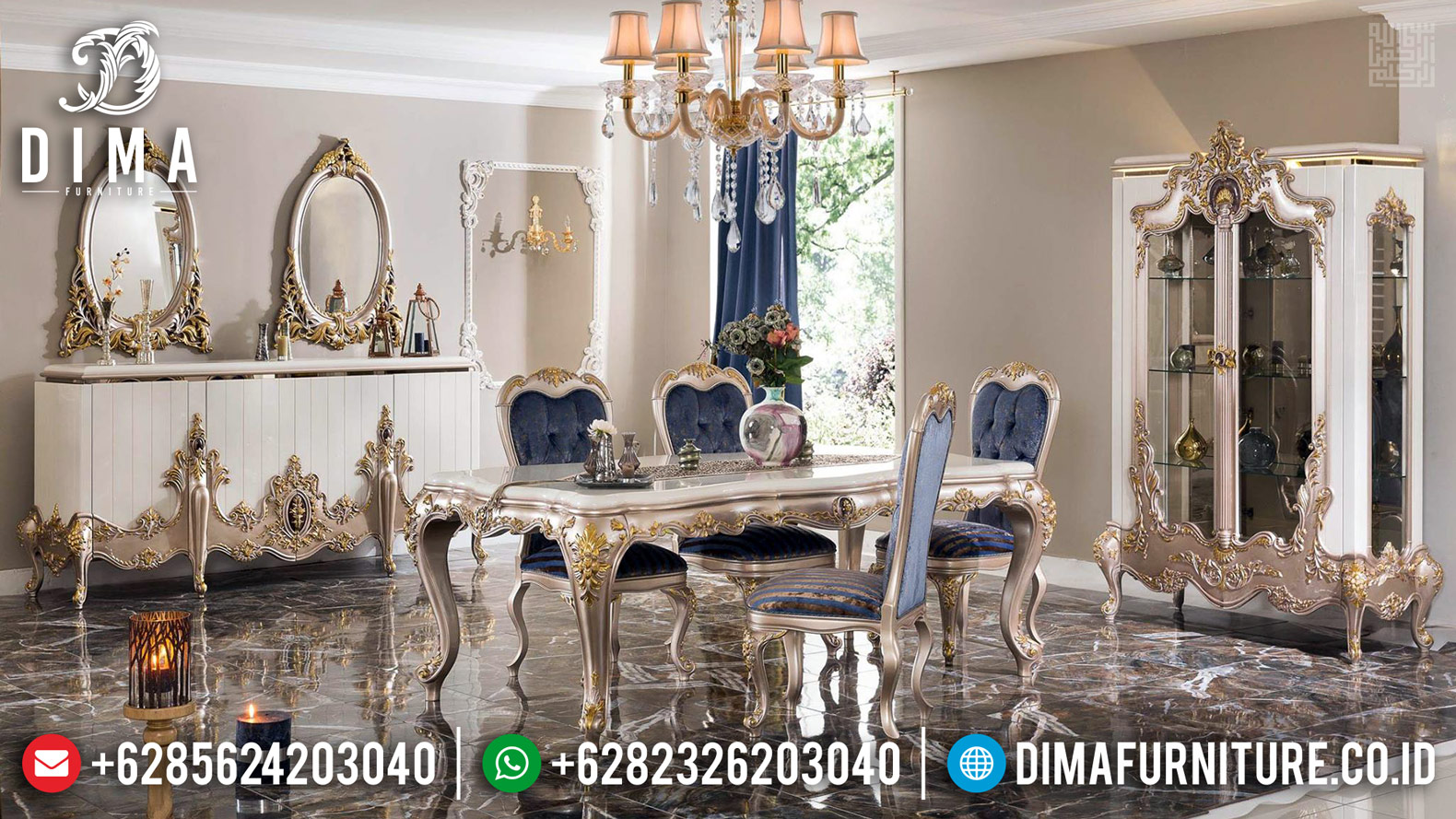 Meja Makan Mewah Elegan Superior Luxury White Duco Golden Combination BT-0375