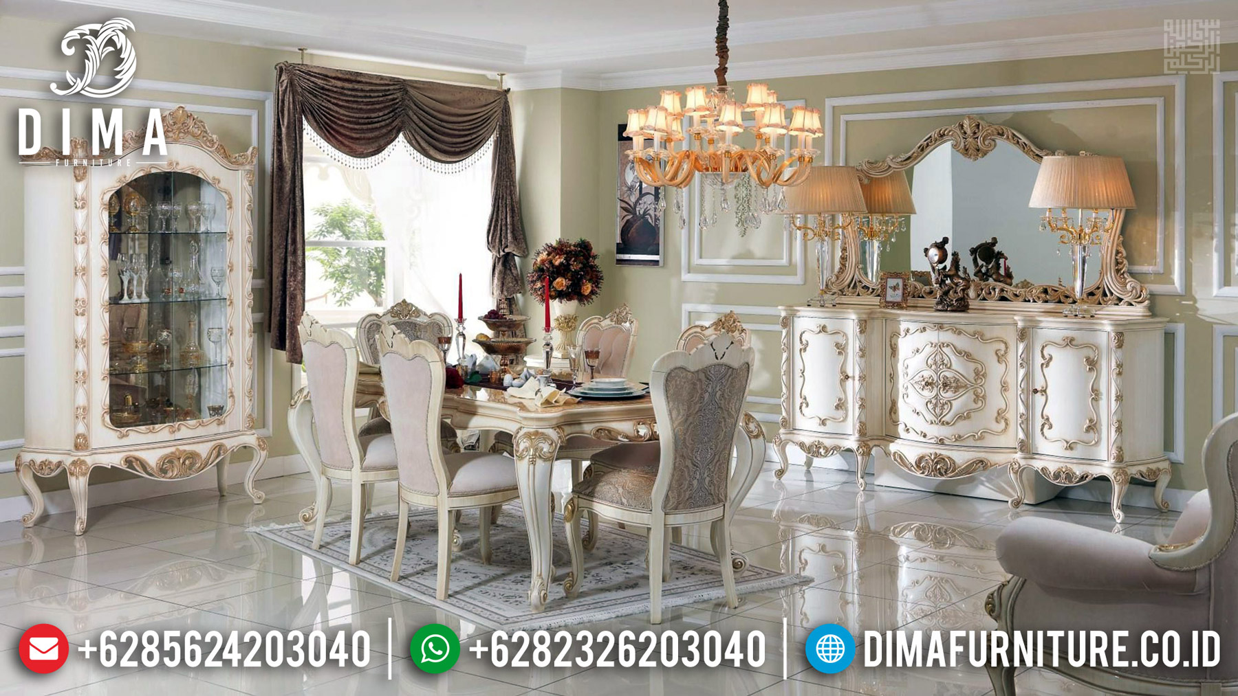 Harga Meja Makan Mewah Putih Duco Luxury Carving Jepara BT-0497