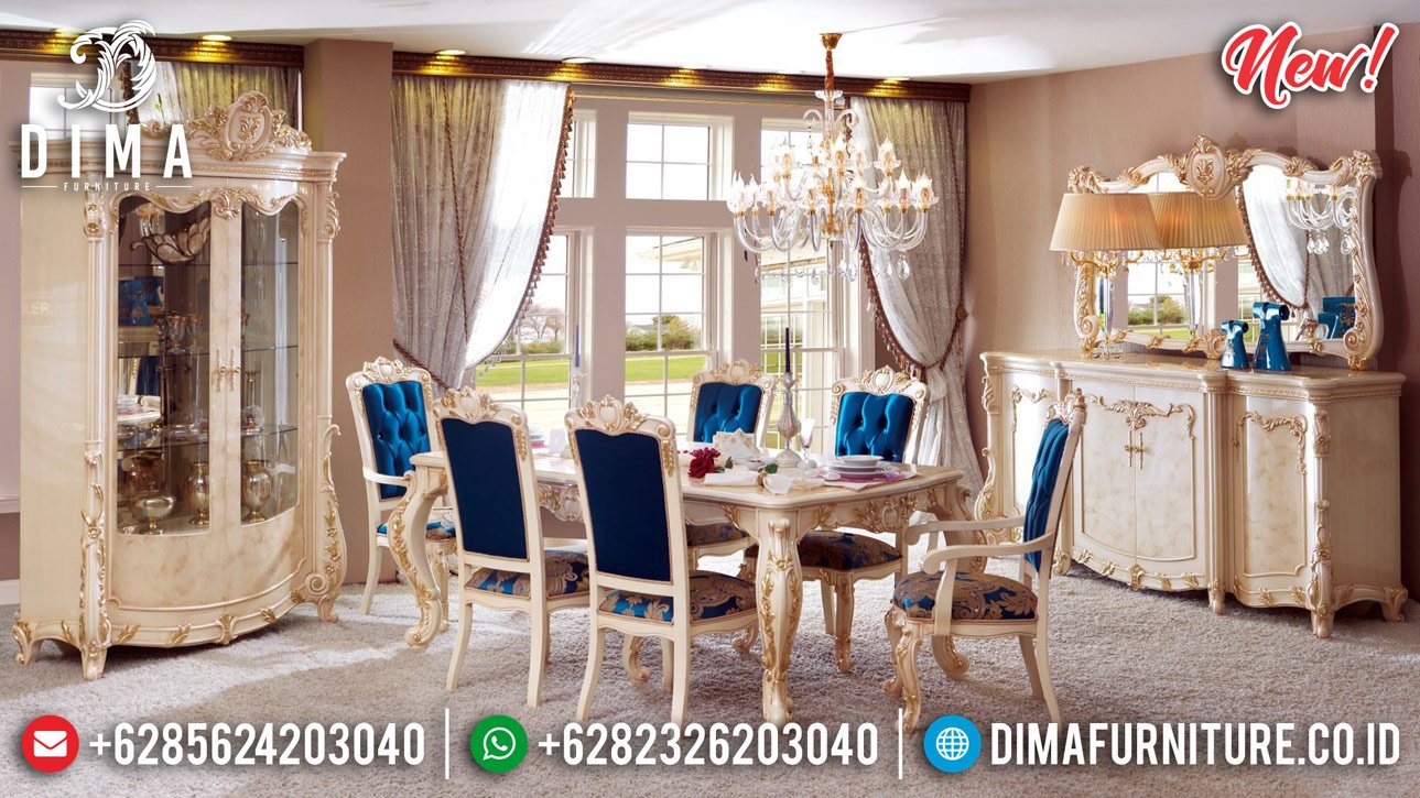 Inspiring Design Meja Makan Mewah Ukiran White Duco Combine Golden Leaf Luxury BT-0815