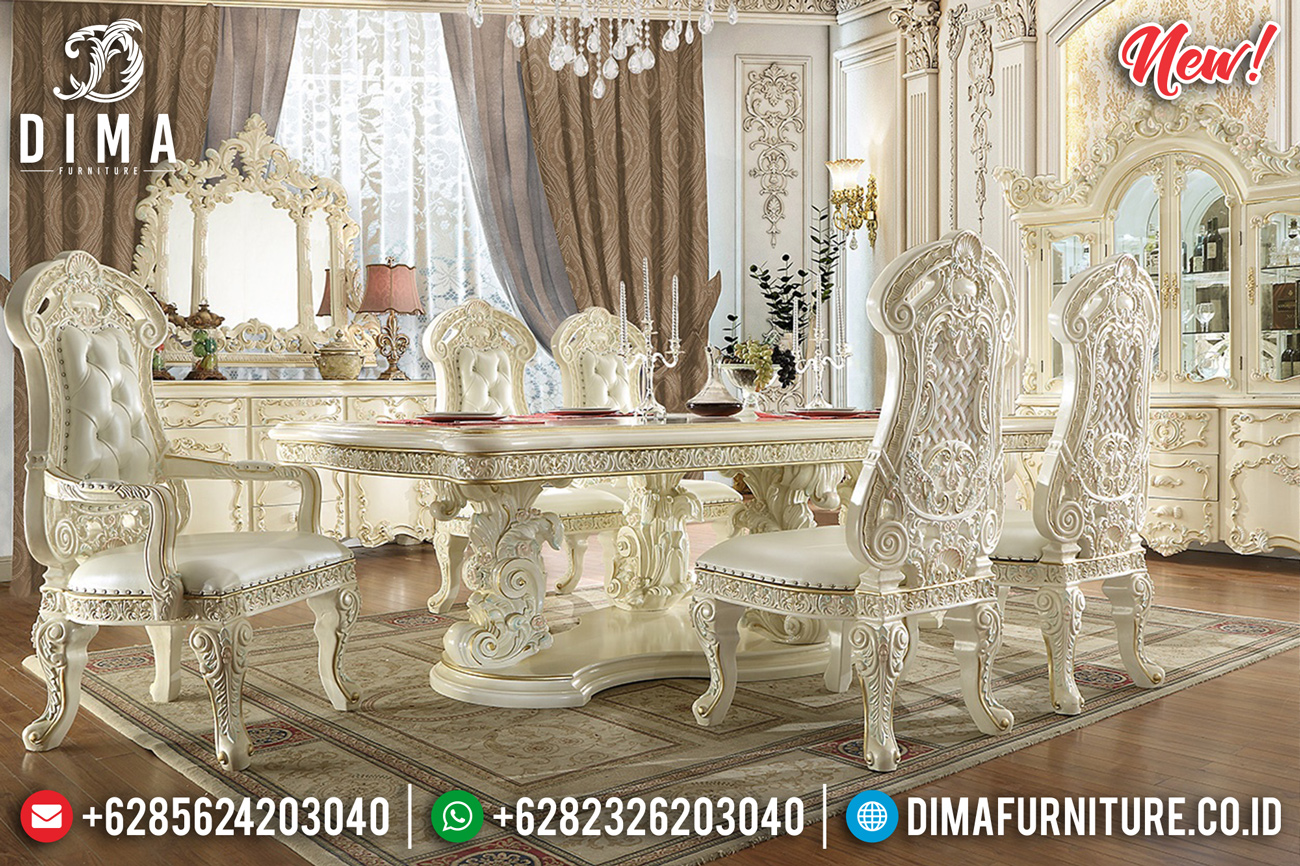 New Desain Meja Makan Mewah Jepara White Duco Ivory Luxury Carving Classic BT-0805