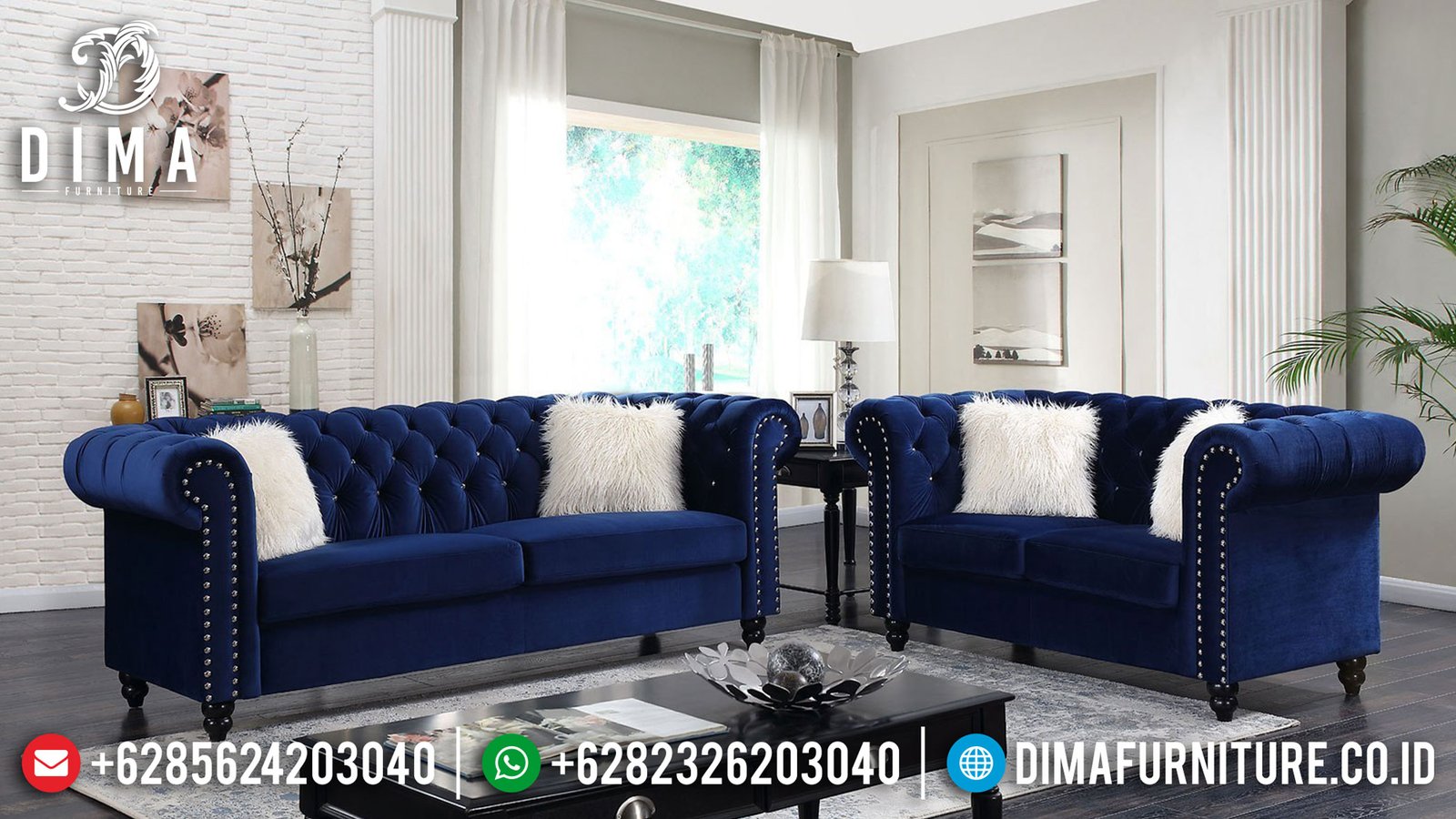 Harga Sofa Tamu Minimalis Modern Chester Blue Navy Velvet Edition BT-0864