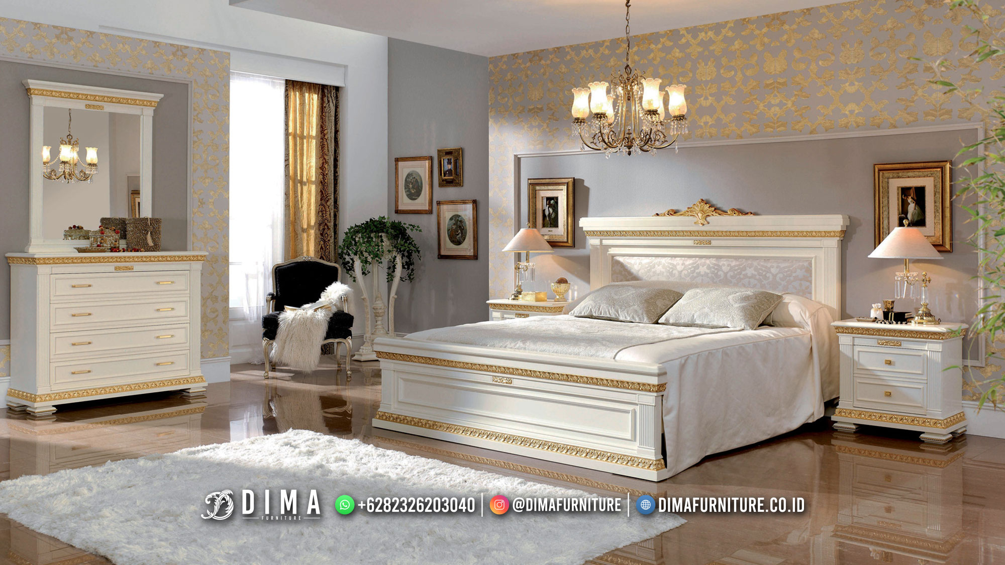Tempat Tidur Mewah Dipan Kamar Set Luxury White Duco Gold Colour BT-1516