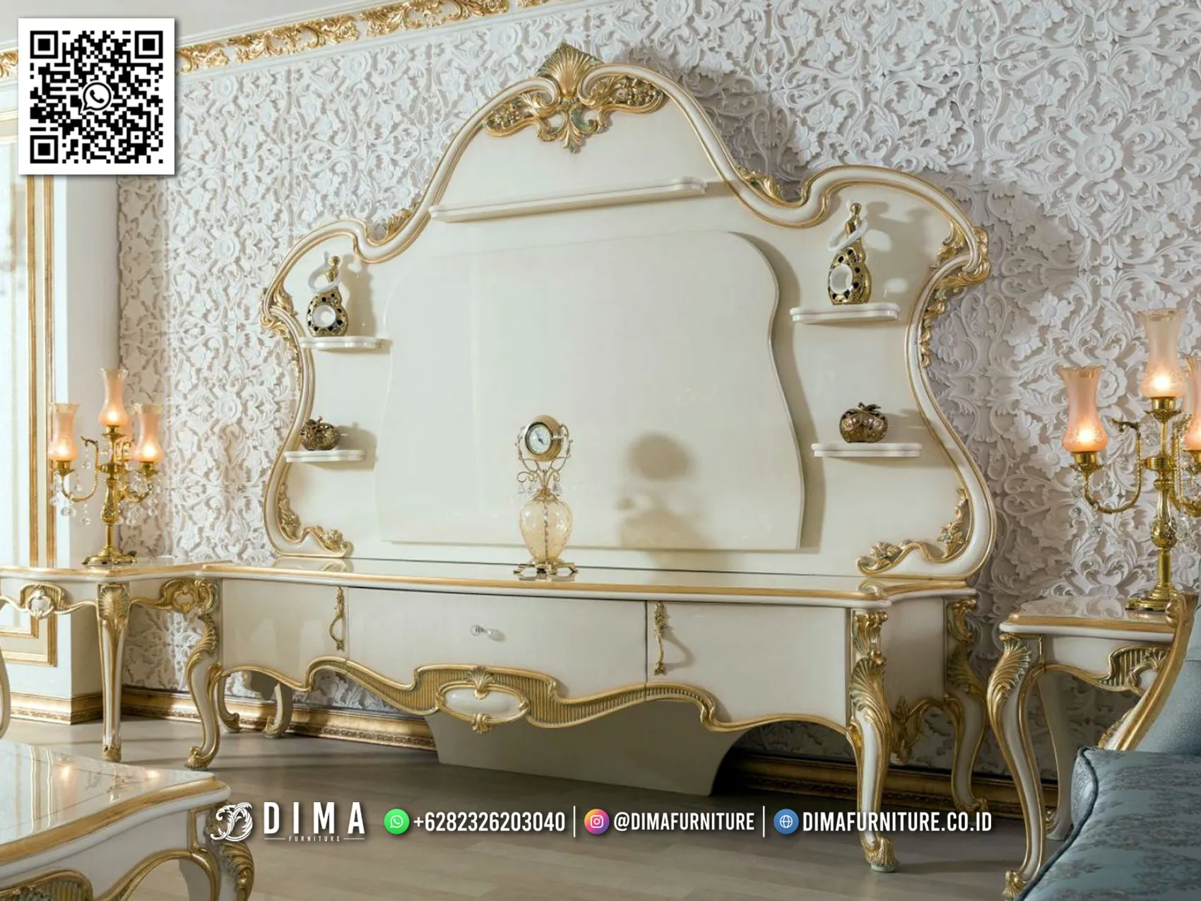 Bufet TV Jepara Dima Furniture – Putih Emas Premium 107BT Bufet TV Jepara Dima Furniture – Putih Emas Premium 107BT