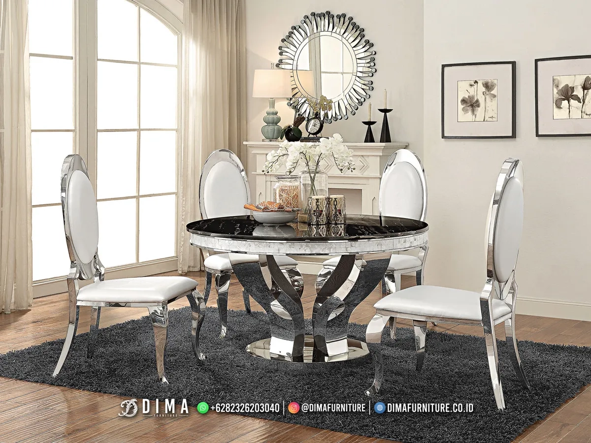 Set Meja Makan Bulat Marmer Hitam Modern Callidora 190BT Set Meja Makan Bulat Marmer Hitam Modern Callidora 190BT